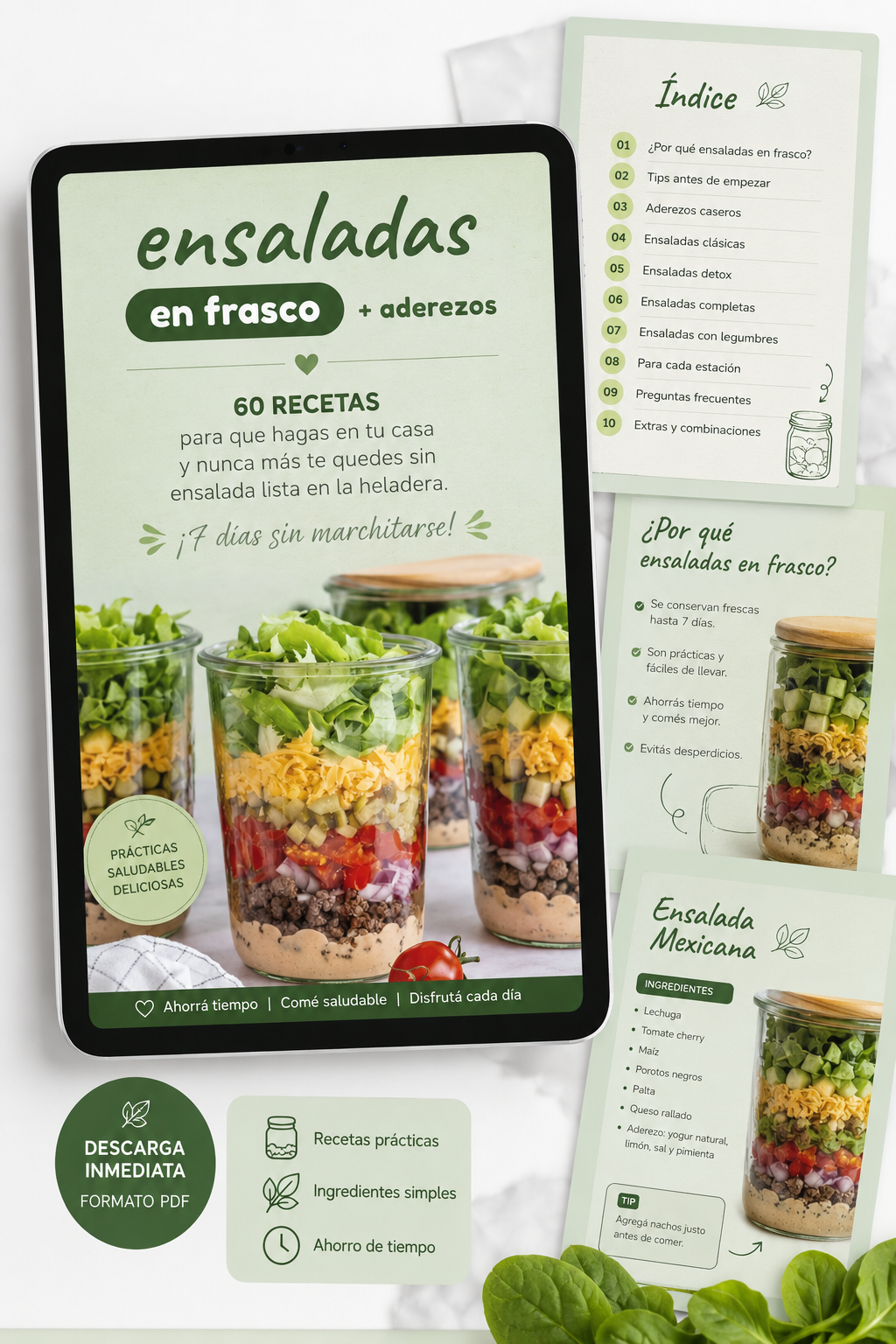 60 RECETAS DE ENSALADAS EN FRASCOS + ADEREZOS + 3 BONOS